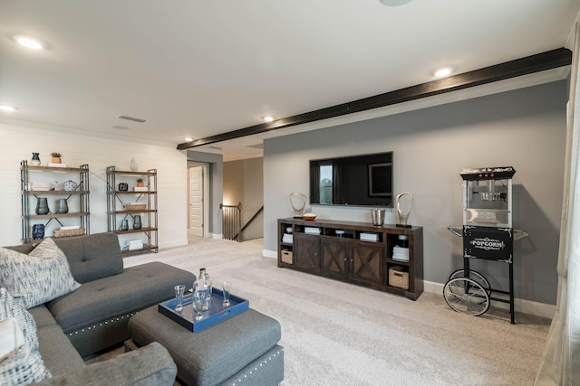 living room with carpet and ornamental molding