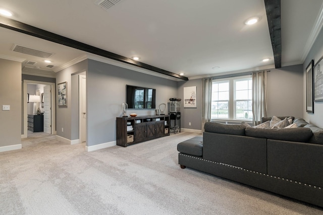 carpeted living room featuring crown molding