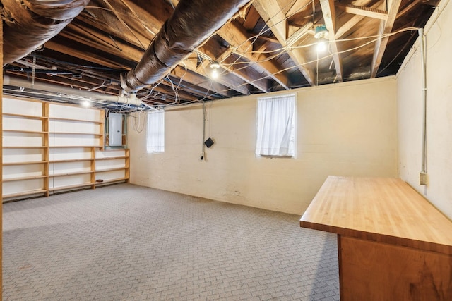 basement featuring carpet flooring, electric panel, and plenty of natural light