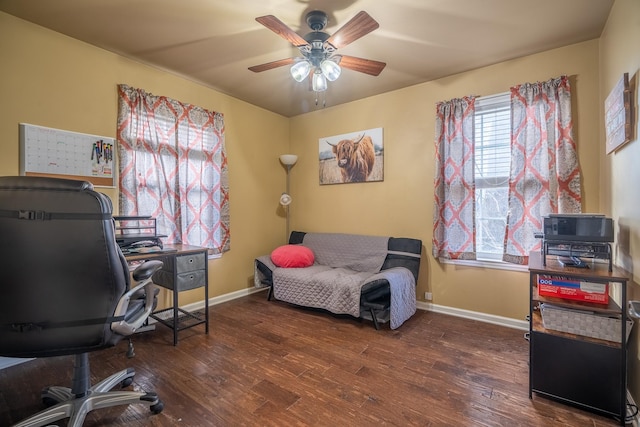 office area featuring ceiling fan and dark hardwood / wood-style floors