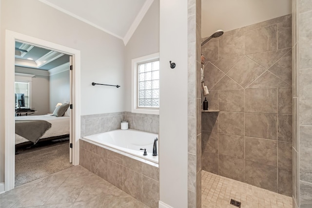 bathroom featuring tile patterned flooring, crown molding, plus walk in shower, and vaulted ceiling