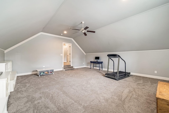 bonus room with lofted ceiling, ceiling fan, and carpet floors