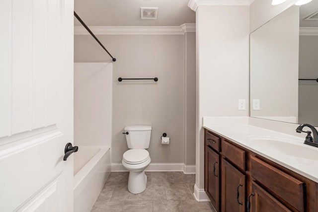 full bathroom featuring vanity, shower / tub combination, tile patterned floors, toilet, and ornamental molding