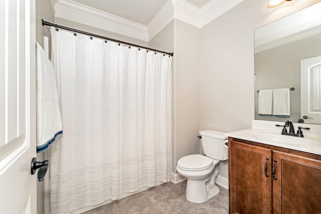 bathroom with crown molding, tile patterned flooring, vanity, and toilet