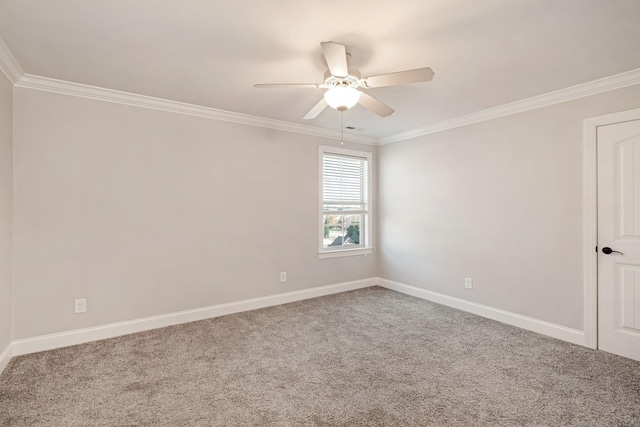 unfurnished room featuring carpet flooring, ceiling fan, and ornamental molding