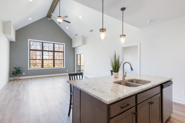 kitchen with light stone counters, sink, high vaulted ceiling, beamed ceiling, and dishwasher