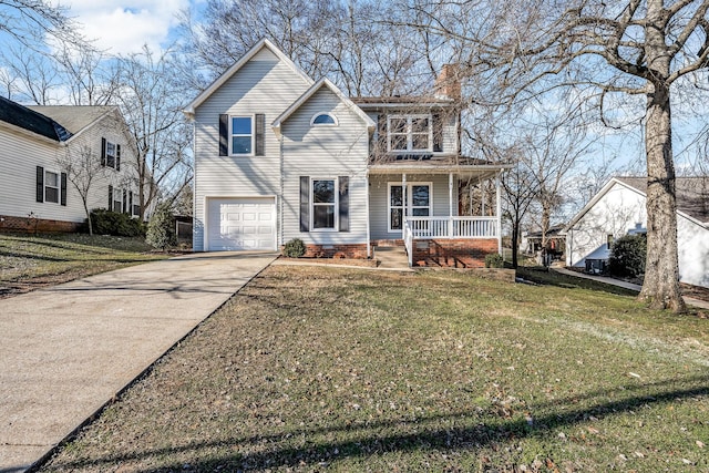 view of front property featuring a porch, a garage, and a front lawn