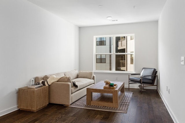 living room featuring dark wood-type flooring