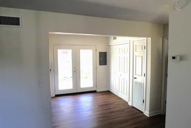 entrance foyer with dark wood-type flooring, plenty of natural light, french doors, and a textured ceiling