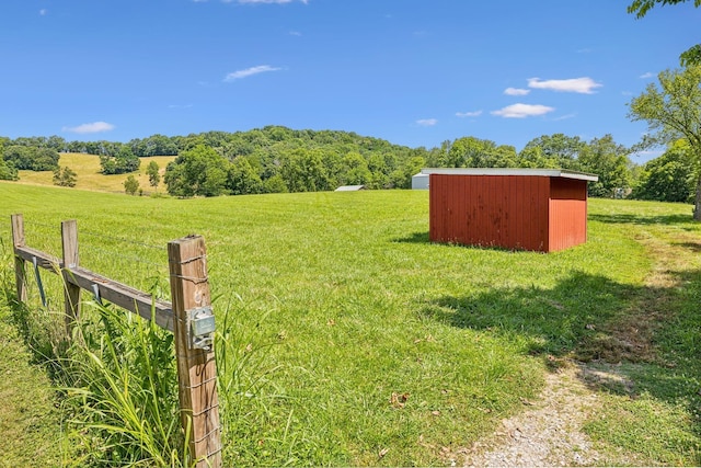 view of yard featuring a rural view and a storage unit