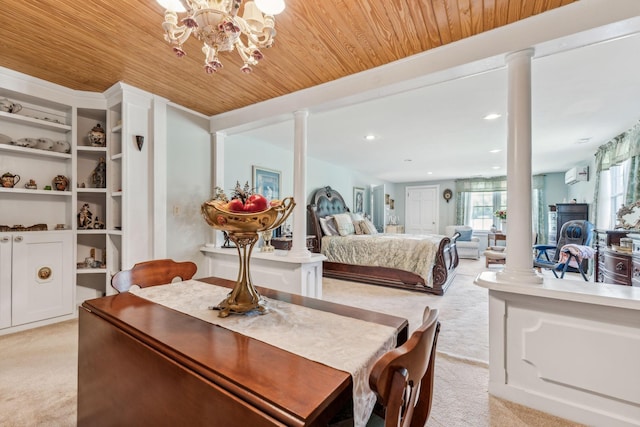 bedroom featuring a wall mounted air conditioner, light colored carpet, an inviting chandelier, and wooden ceiling