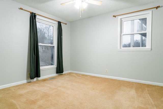 carpeted empty room with ceiling fan, plenty of natural light, and a textured ceiling