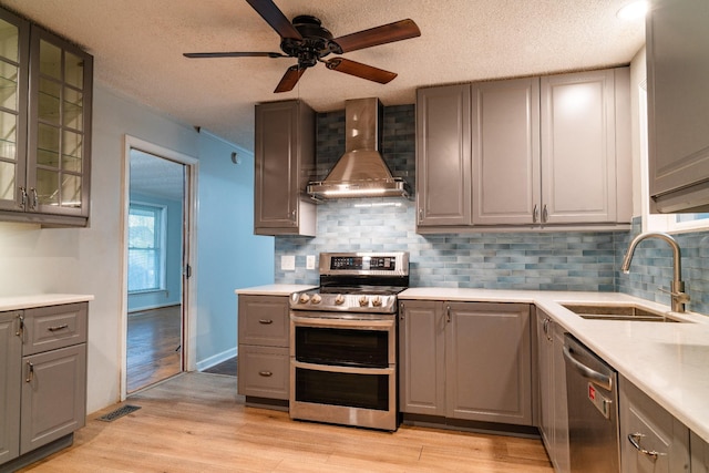 kitchen with sink, wall chimney exhaust hood, ceiling fan, light wood-type flooring, and appliances with stainless steel finishes