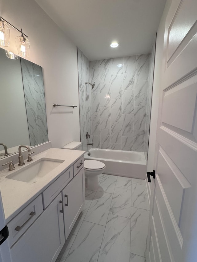 bathroom featuring vanity, recessed lighting, shower / bath combination, toilet, and marble finish floor