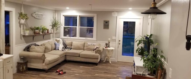 living room featuring crown molding and dark hardwood / wood-style floors