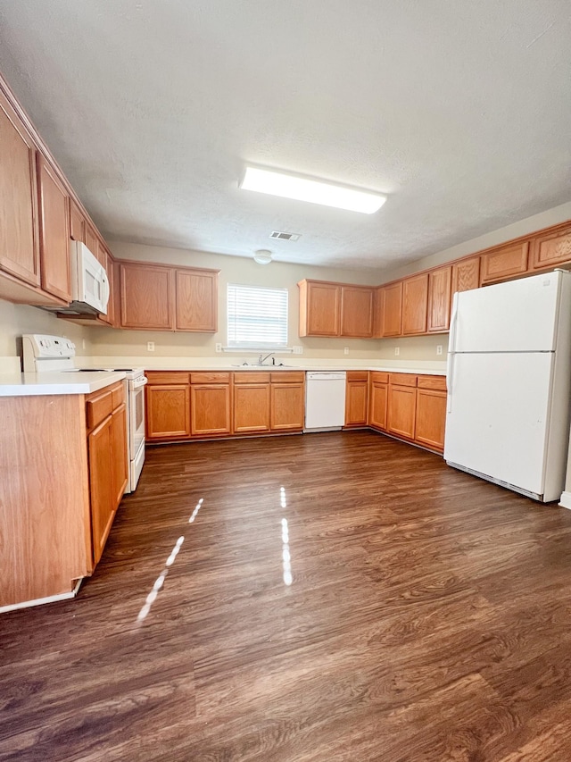 kitchen with dark hardwood / wood-style flooring, white appliances, and sink