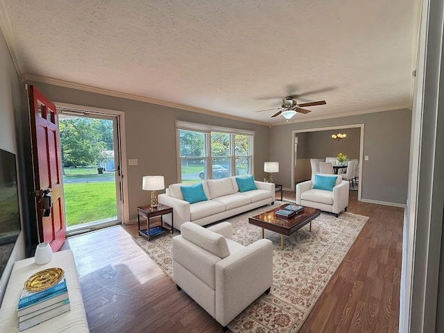 living room featuring hardwood / wood-style floors, plenty of natural light, and crown molding