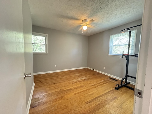 workout room featuring ceiling fan, a textured ceiling, a wealth of natural light, and light hardwood / wood-style flooring