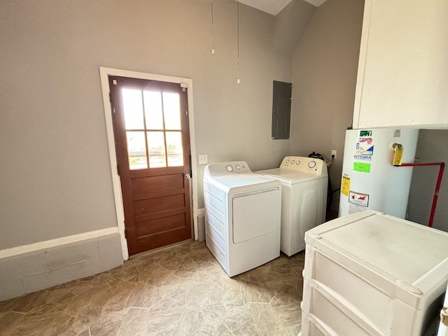 laundry room with gas water heater, electric panel, and separate washer and dryer