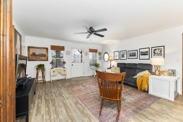 living room featuring light hardwood / wood-style floors and ceiling fan