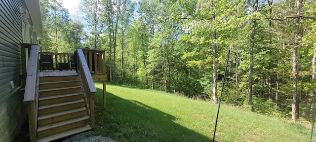 30034 Piper Dr, Bon Aqua, TN 37025 - view of yard featuring stairway, a deck, and a wooded view