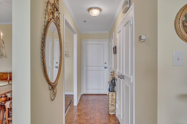 hallway featuring dark parquet flooring and ornamental molding