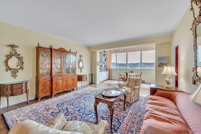 living room featuring a water view and ornamental molding