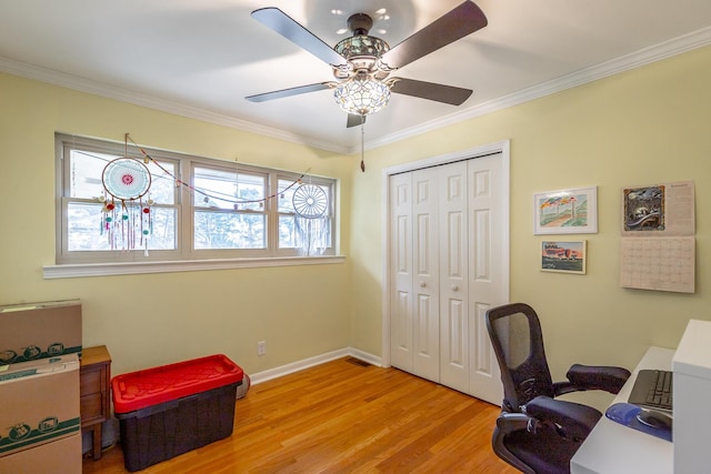 office with light hardwood / wood-style floors, ceiling fan, and crown molding