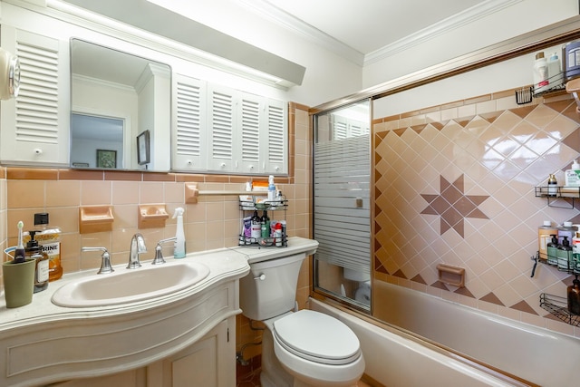 full bathroom featuring vanity, backsplash, crown molding, toilet, and enclosed tub / shower combo