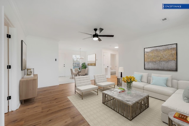 living room with crown molding, light hardwood / wood-style floors, and ceiling fan with notable chandelier