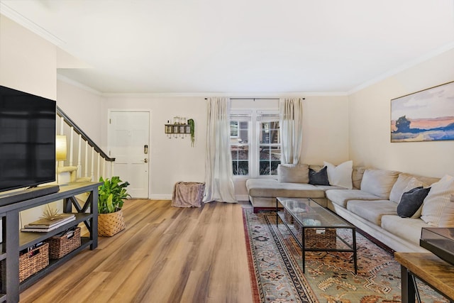 living room with crown molding and light hardwood / wood-style flooring