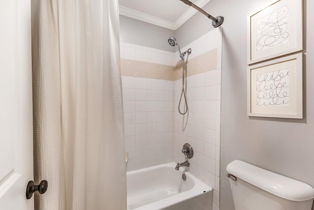 bathroom featuring toilet, shower / bathtub combination with curtain, and ornamental molding