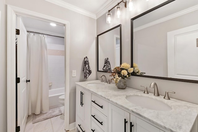 full bathroom featuring vanity, toilet, shower / bathtub combination with curtain, and crown molding