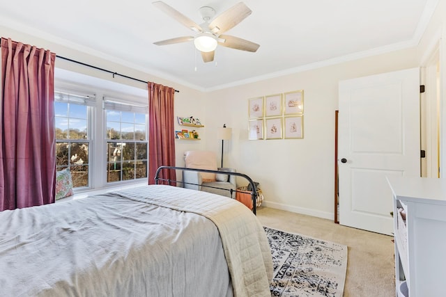 bedroom with light carpet, ceiling fan, and ornamental molding