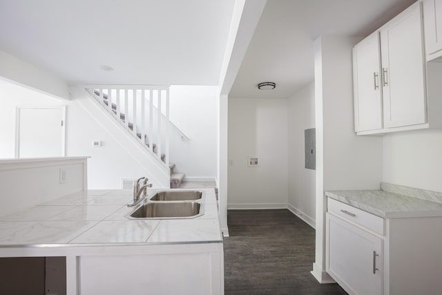 kitchen with electric panel, dark hardwood / wood-style floors, white cabinetry, and sink