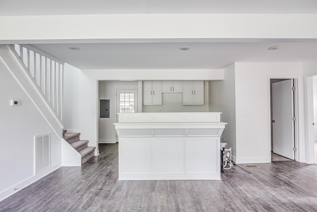 unfurnished living room with electric panel and dark hardwood / wood-style floors