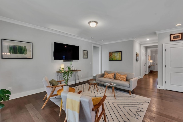 living room with dark wood-type flooring and ornamental molding