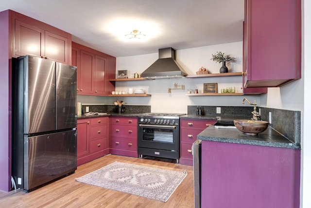 kitchen featuring wall chimney exhaust hood, light hardwood / wood-style floors, sink, and stainless steel appliances