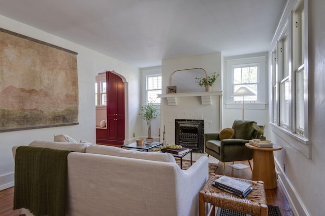 living room featuring a fireplace, dark hardwood / wood-style flooring, and plenty of natural light