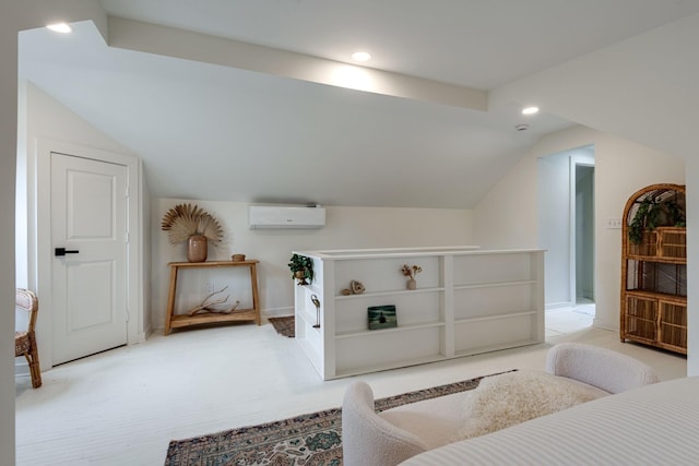 interior space with a wall unit AC, light colored carpet, and vaulted ceiling