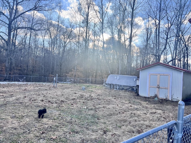 view of yard featuring a storage unit