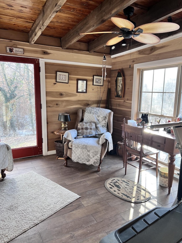 interior space featuring wood ceiling, ceiling fan, wooden walls, beam ceiling, and hardwood / wood-style flooring