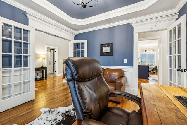 office space featuring french doors, an inviting chandelier, and ornamental molding