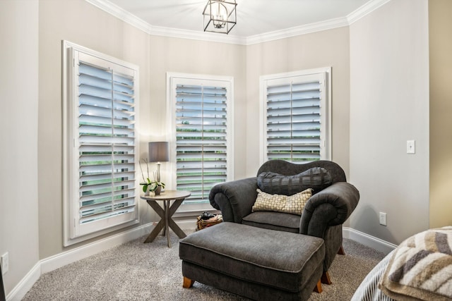 living area featuring crown molding, carpet, and an inviting chandelier