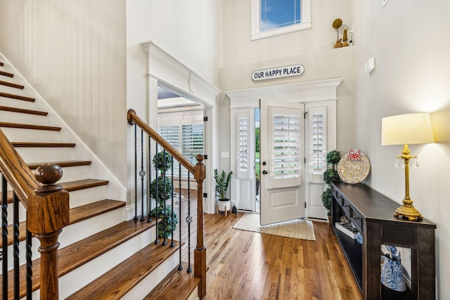 entrance foyer featuring dark wood-type flooring and a high ceiling