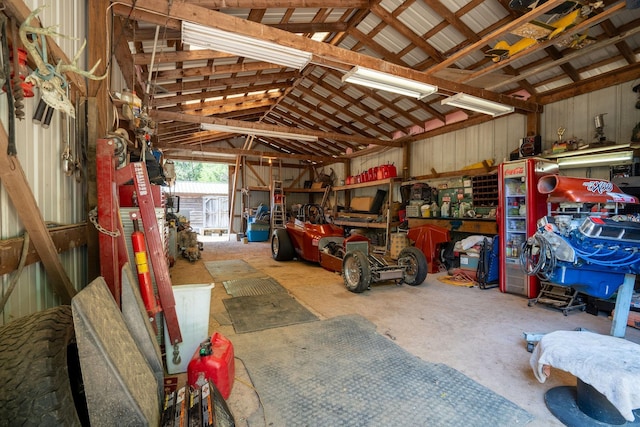 garage with a workshop area