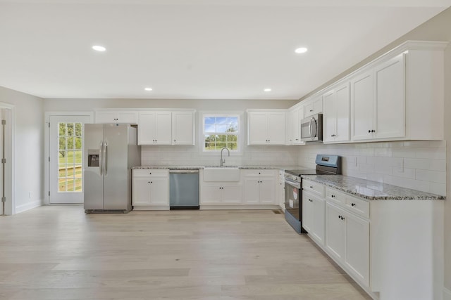 kitchen featuring stone counters, sink, tasteful backsplash, white cabinetry, and stainless steel appliances