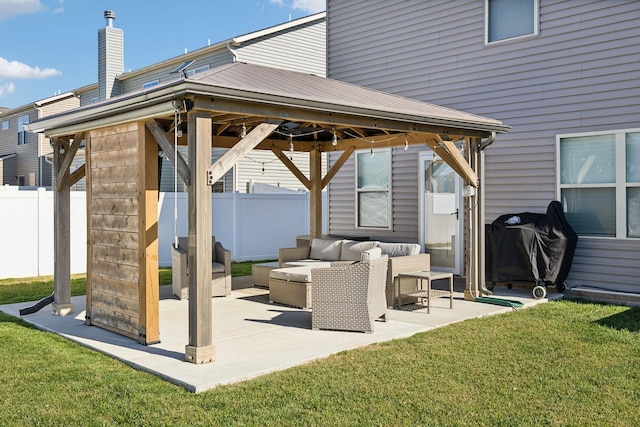 view of patio with a gazebo, outdoor lounge area, and grilling area