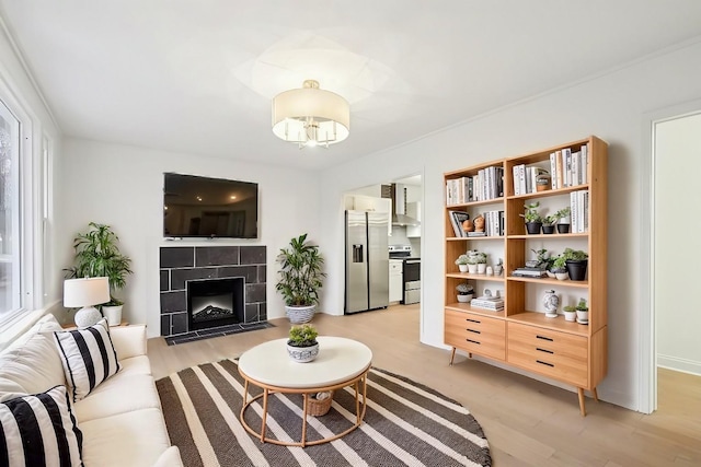 living room featuring light hardwood / wood-style floors and a fireplace