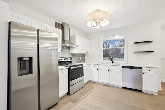 kitchen with wall chimney range hood, sink, appliances with stainless steel finishes, tasteful backsplash, and white cabinetry